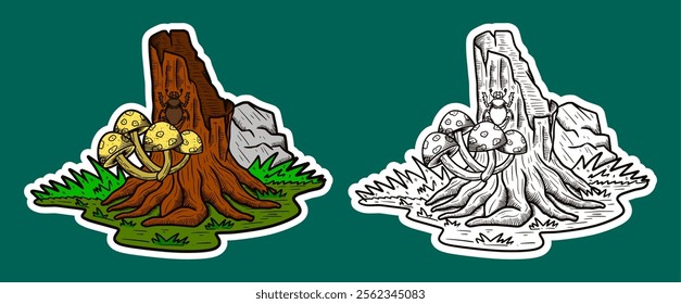 Tree Stump and Mushroom Doodle Sticker Illustration