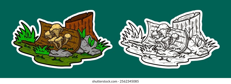 Tree Stump and Mushroom Doodle Sticker Illustration