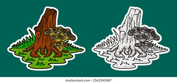 Tree Stump and Mushroom Doodle Sticker Illustration