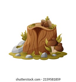 Tree stump with mushrooms, acorns, oak leaves and stones, cartoon style vector illustration, element of forest, camping, nature on isolated background for sticker, social media, website or games.