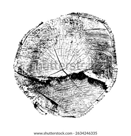 Tree stump print isolated on white. Wooden silhouette. Wood texture with concentric rings. Black and white wooden annual rings textures. Tree ring pattern. Wood in cross section