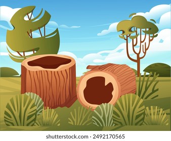 Tree stump with a prominent hollow cavity and cut branches, amidst grassy vegetation and a clear blue sky. Ideal for concepts of nature, decay, and forest ecosystems. Vector illustration