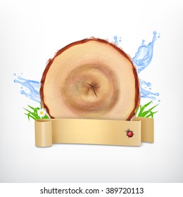 Tree stump with ribbon and water splash. Vector icon. EPS10