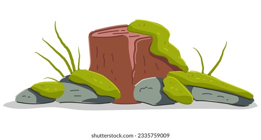 Tree stump and rock with moss and grass vector cartoon illustration isolated on a white background.