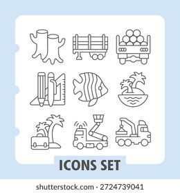 El tocón del árbol, la Regla, el maletín son iconos simples que presentan elementos tropicales, de transporte, de negocios en estilo de contorno para App de Web e impresión sobre fondo blanco. Gráficos de Vector. Conjunto de nueve iconos de línea delgada