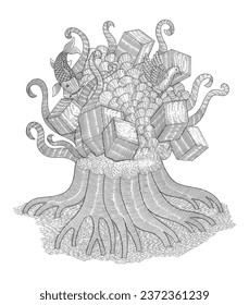 Tree stump with seven cube, dove and koi fish, Vintage engraving drawing style illustration