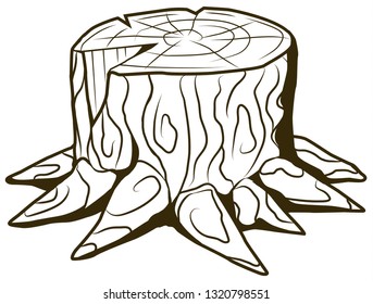 Tree stump simple cartoon line drawing, vector illustration, horizontal, over white, isolated
