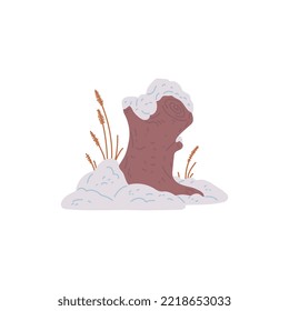 Tree stump in snow, flat vector illustration isolated on white background. Snowdrift in the forest. Concepts of snowfall, blizzard and snowstorm. Cold winter weather.
