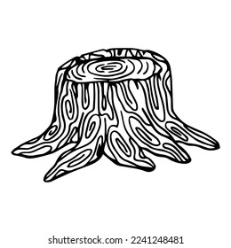 Tree stump with sprout sketch engraving vector illustration. T-shirt apparel print design. Scratch board imitation. Black and white hand drawn image.