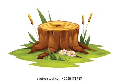 Tree stump surrounded by grass, flowers, and cattails. Vector cartoon illustration