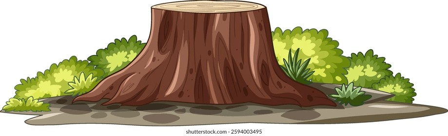 A tree stump surrounded by green bushes and grass