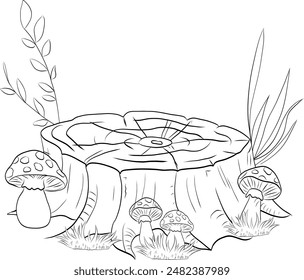 Tree stump surrounded by mushrooms and foliage. Art and Illustration