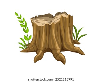 Tree stump surrounded by vibrant green plants. Isolated cartoon vector natural element or game asset for landscape and prehistoric dinosaur era environment. Tree trunk with rugged bark in wild forest