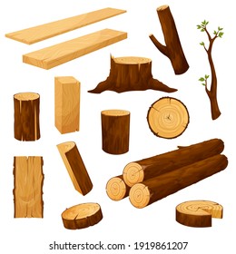 Tree stump, timber materials and wooden logs. Wooden plank, beam and billet, tree branch with leaves and cutted wood piece, firewood chunk cartoon vector. Natural lumber, carpentry materials set