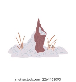 Tree stump under snow flat vector illustration isolated on white background. Broken forest tree bottom part in snowdrift, winter weather decorative element.