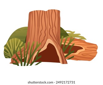 Tree stump vector with a hollow cavity. Ideal for deforestation, logging, and environmental awareness themes. Vector illustration isolated on white background