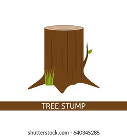 Tree stump vector icon with green grass and leaf in flat style. Isolated on white background. Annual growth rings.