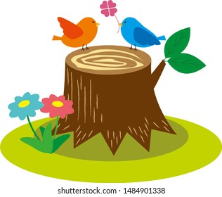 Tree stump vector illustration.icon.Flowers, leaves.
Little bird