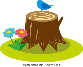 Tree stump vector illustration.icon.Flowers, leaves.
Little bird