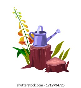 Tree stump vector isolated cartoon icon with bell plant, watering can, trunk, green leaves, roots. Forest nature gardening illustration with cut tree, flower. Tree stump outdoor backyard design