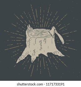 Tree stump vintage label, Hand drawn sketch, grunge textured retro badge, typography design t-shirt print, vector illustration .