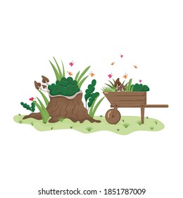 Tree stump and wheelbarrow with greens and butterflies isolated on white background