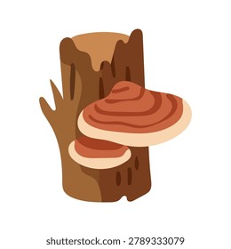 Tree stump with wild bracket fungus. Polypore mushroom growing on wooden log. Flat vector illustration isolated on white background.