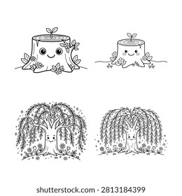 Tree stump and willow tree characters for children coloring book page