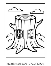 Tree stump with windows and clouds cartoon black and white
