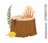 Tree stump, wooden stump with autumn forest mushrooms. Vector illustration isolated on white background.