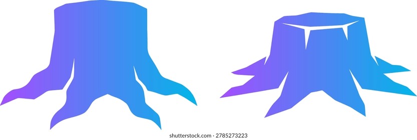 Tree stumps, cut wood logs, forest remnants, blue and purple gradient, natural texture, rustic design.