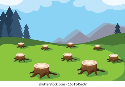tree stumps showing deforestation, environmental disaster vector illustration design