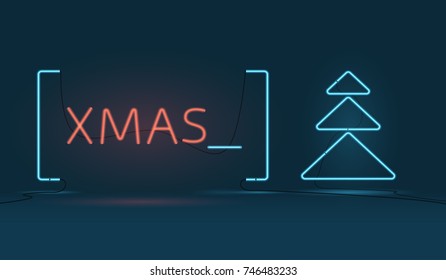 Tree in the style of neon tubes. Card Christmas 2018. New year 2018 neon sign.