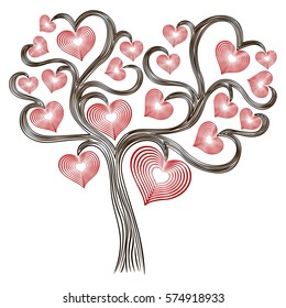 Tree with stylised red hearts isolated on the white background, Valentine vector illustration