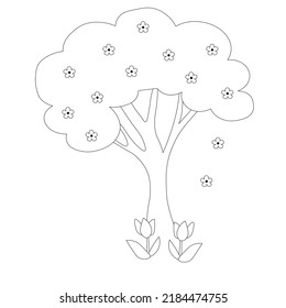 
Un árbol en verano con flores en flor. Vector de libro de coloreado