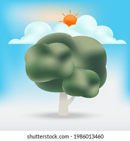 Tree with sun and cloud in the sky background. Vector illustration.