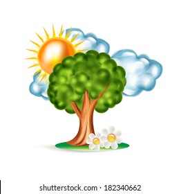 tree with sun and clouds and flowers isolated on white background