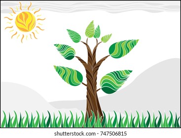 Tree with Sun design. - Illustration,green leafs,Forest, Formal Garden, Ornamental Garden, Planet - Space, Plant