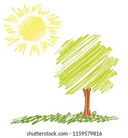 The tree and  the sun drawn with paints