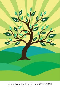 tree, sun and field, vector image