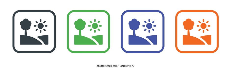 Tree, sun, hill icon set. Landscape symbol vector illustration