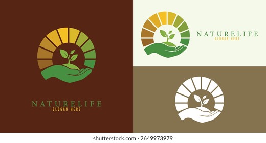 Diseños de árboles, sol y siluetas para una marca de productos ecológicos u orgánicos.