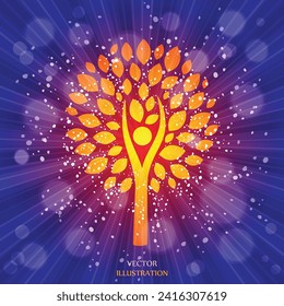 Tree. Sun Sunburst Pattern. Sunbeam ray pattern sunburst background. Bright yellow, blue, red, orange, green color explosive background. Environmentally friendly world. Vector. 