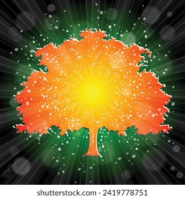 Tree. Sun Sunburst Pattern. Sunbeam ray pattern sunburst background. Bright yellow, blue, red, orange, green color explosive background. Environmentally friendly world. Vector. 