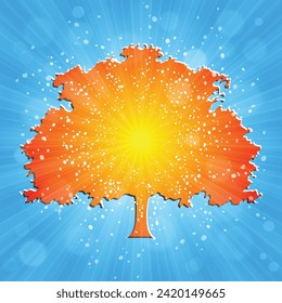 Baum. Sonnenbrand-Muster Sonnenstrahlen-Muster, sonniger Hintergrund. Hellgelber, blauer, roter, orangefarbener, grüner, explosiver Hintergrund. Umweltfreundliche Welt. Vektorgrafik. 