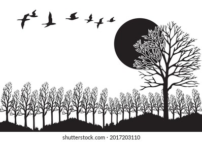 tree and sunset clip art black and white vector format