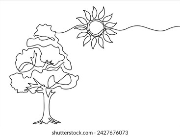 tree and sunset. Vector illustration.One line drawing	
