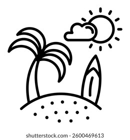 tree and surfboard icon on the beach with sun and cloud