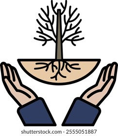 A tree is surrounded by two hands, symbolizing protection and care. Concept of nurturing and growth, as the tree represents life and the hands represent the care and support needed for it to thrive