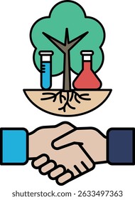 A tree is surrounded by two people shaking hands. The tree is surrounded by two beakers and a flask. Concept of collaboration and growth, as the tree represents the natural world